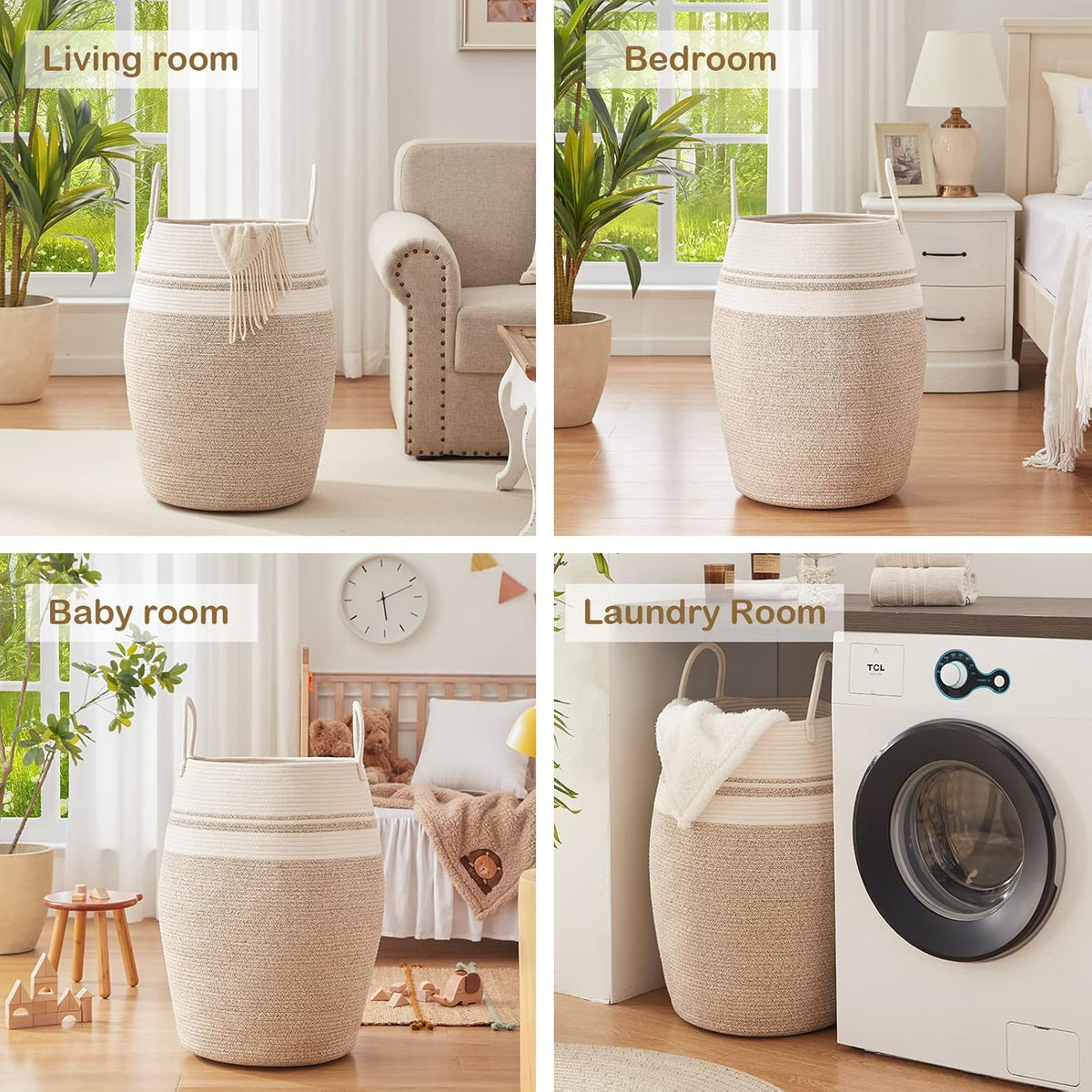 OIAHOMY 105L Laundry Hamper Woven Cotton Rope Large Clothes Hamper Brown