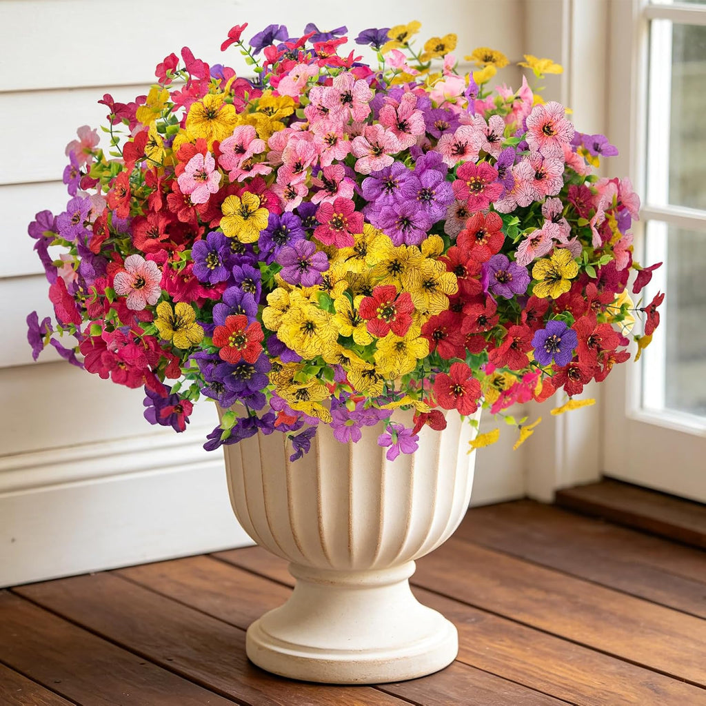 12 Bundles Artificial Flowers for Outdoors, Fake Silk Plastic Flowers for Outside, UV Resistant Faux Plants for Outside Garden Porch Window Home Planters Decoration (6 Multicolor)