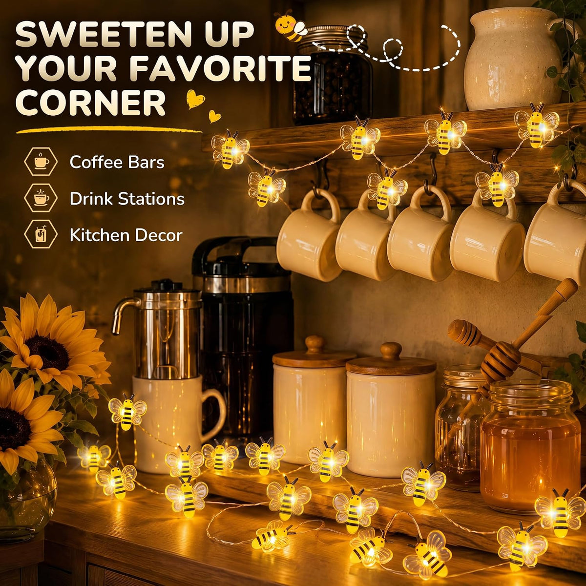 Mudder 1 Pack Honey Bee String Lights, 10FT 30LEDs with 8 Modes & Timer