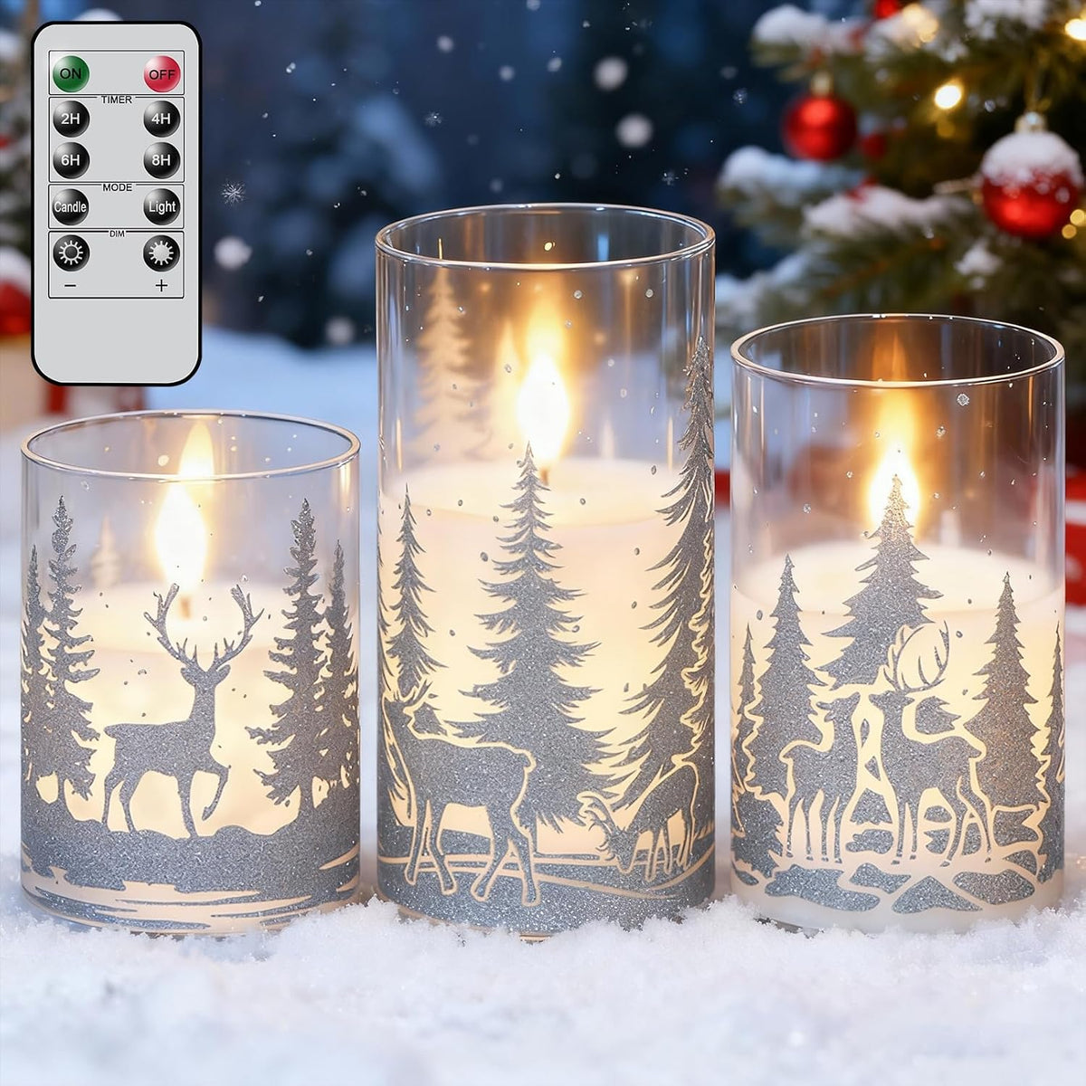 Christmas Deer LED Glass Flameless Candles Battery Operated Remote Timer