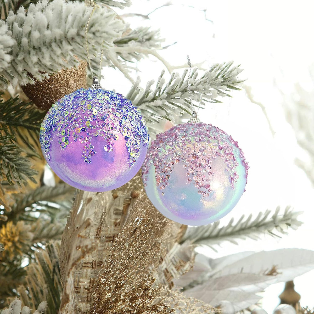 4Pcs Christmas Balls Ornaments -Shatterproof Christmas Ball for Xmas Tree Decorations Hanging,Wedding Party Holiday Decorations Colorful Purple Glitter Ball 4in x 4 Pack