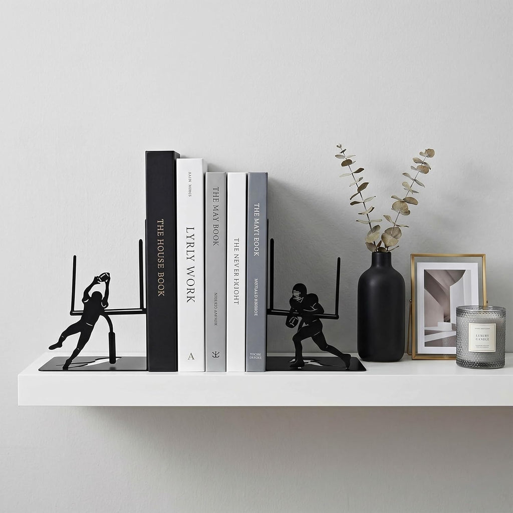 Matte Black Metal Football Bookends – Decorative Sports-Themed Bookends for Boys Room, Man Cave, Office, Game Room, Football Fans, Athlete Gifts, Coach Appreciation, Birthday