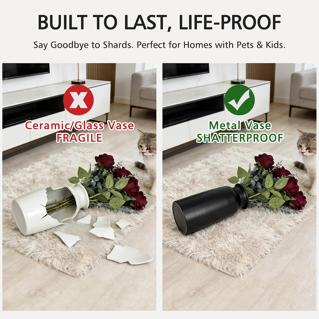 Black Seamless Wide Mouth Metal Flower Vase, 10.8" Modern Unique Home Decor Centerpiece Elegant Rose Cylinder Decorative Vases for Living Room Entry Table Office Desk Bathroom Shelf, Wedding Gift