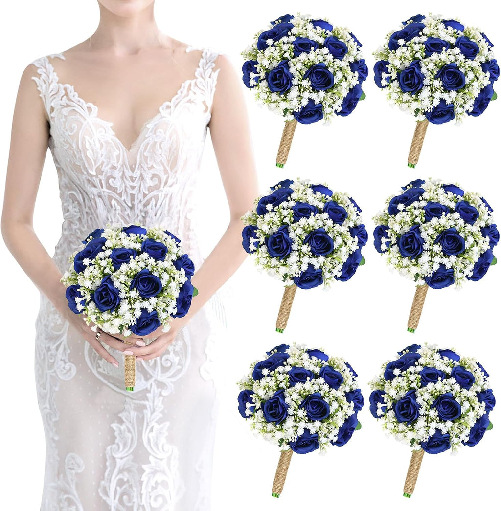 Artificial Bridesmaid Bouquets Set of 6 for Wedding-7 inch Navy Blue Flowers Bouquets for Bridesmaids, Faux Rose Gypsophila Rustic Small Floral Bouquet Fake Wedding Party Ceremony Anniversary Decor