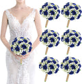 Artificial Bridesmaid Bouquets Set of 6 for Wedding-7 inch Navy Blue Flowers Bouquets for Bridesmaids, Faux Rose Gypsophila Rustic Small Floral Bouquet Fake Wedding Party Ceremony Anniversary Decor