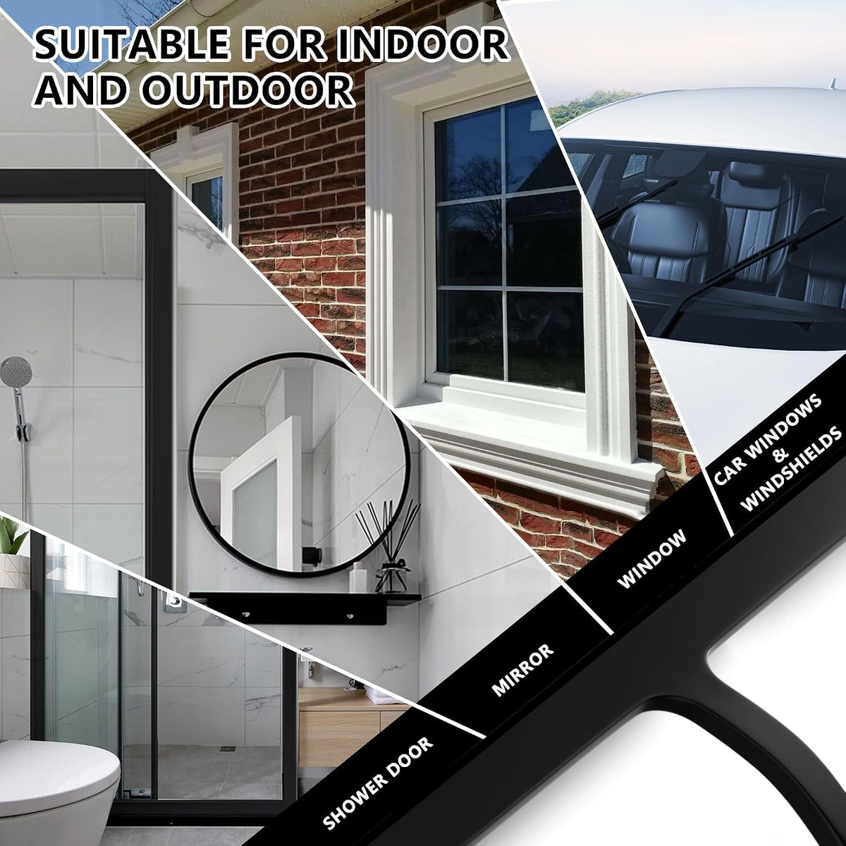 Shower Squeegee for Shower Glass, Bathroom Glass Cleaning Tool with Hook Mount, Squeegee for Glass Doors, Window Cleaning, Tile Shower Walls (Black)