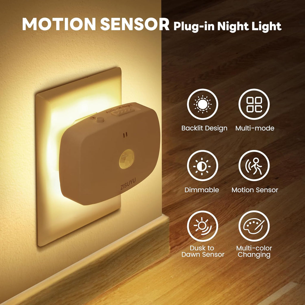ZISUYU Plug-in LED Backlit Night Light with Motion Sensor & Dusk to Dawn Sensor, 10-60lm Dimmable Nightlight with Multi-Mode & Color-Changing, Ideal for Bedroom, Bathroom, Stairs, Hallway (2 Pack)