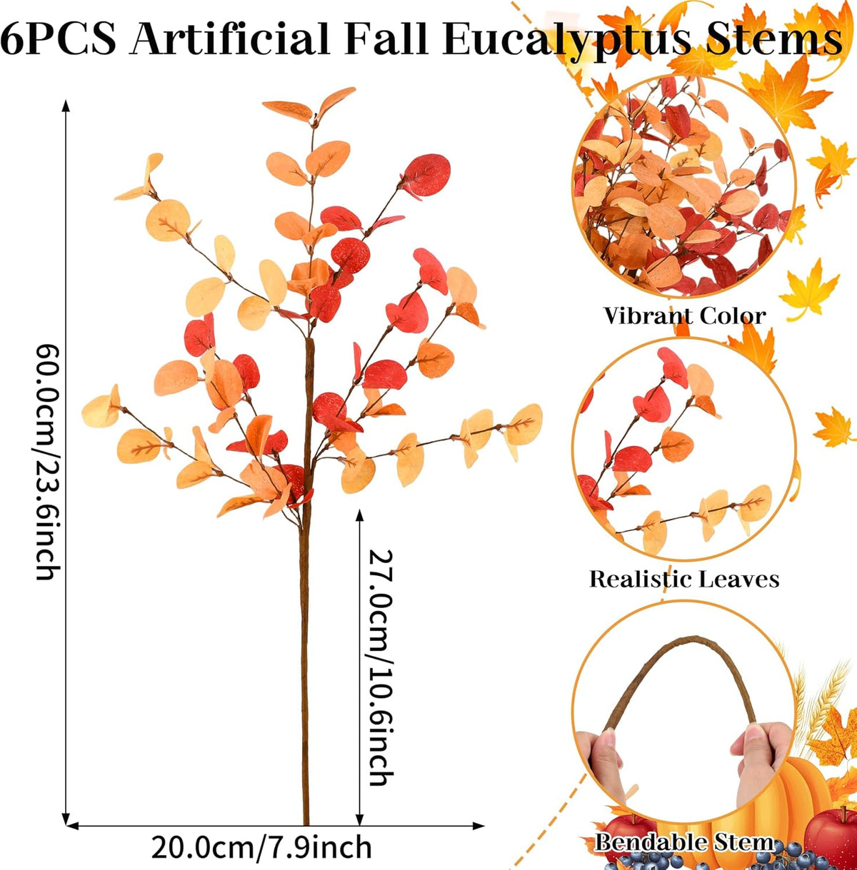 Palonu 6Pcs 24 Inch Artificial Eucalyptus Fall Leaves, Fall Orange Eucalyptus Leaves, Autumn Leaf Branch Faux Fall Decorations for Home Floral Arrangement Autumn Festival Thanksgiving Decor