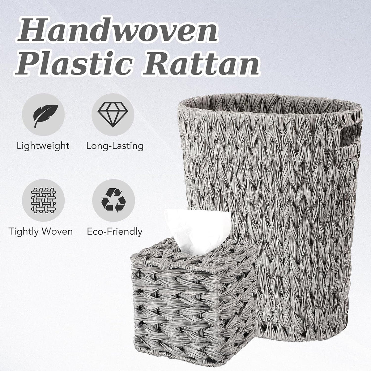 BSSN Wicker Trash Can and Square Tissue Box Cover, 4 Gallon Water Hyacinth Bathroom Trash Can, Handwoven Napkin Holder, Narrow Small Waste Basket, Rustic Decorative Home Set for Bedroom,Office (Grey)