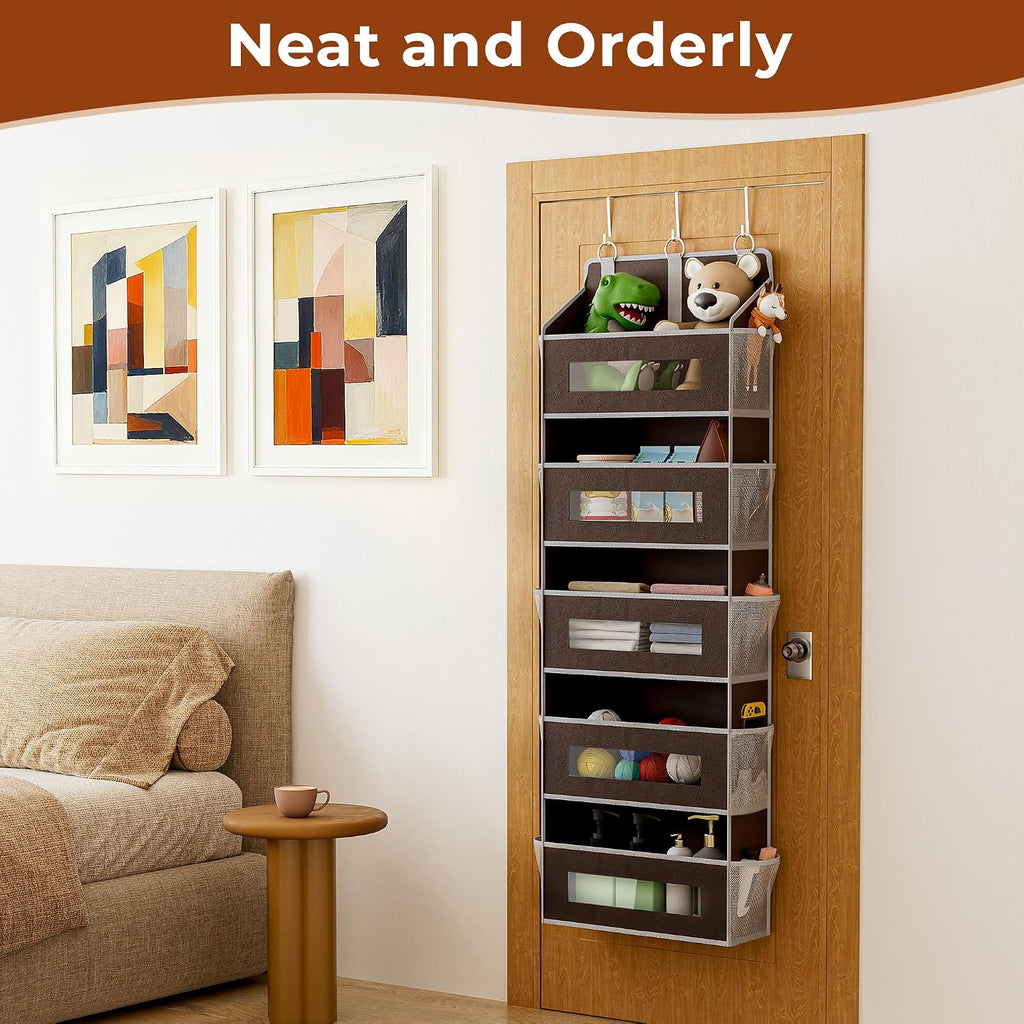 2 Pack 5 Tier Over the Door Organizer for Bathroom, Bedroom, Pantry, Brown