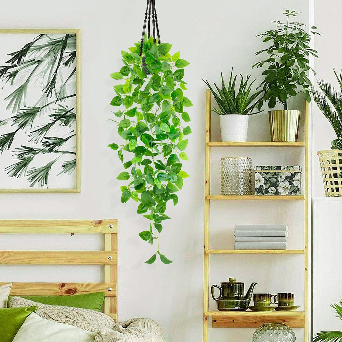 Artificial Hanging Plants with Black Pot, 39.37" Faux Pothos Trailing Vines, Potted Fake Greenery Indoor for Home Bathroom Bedroom Wall Shelf Decor