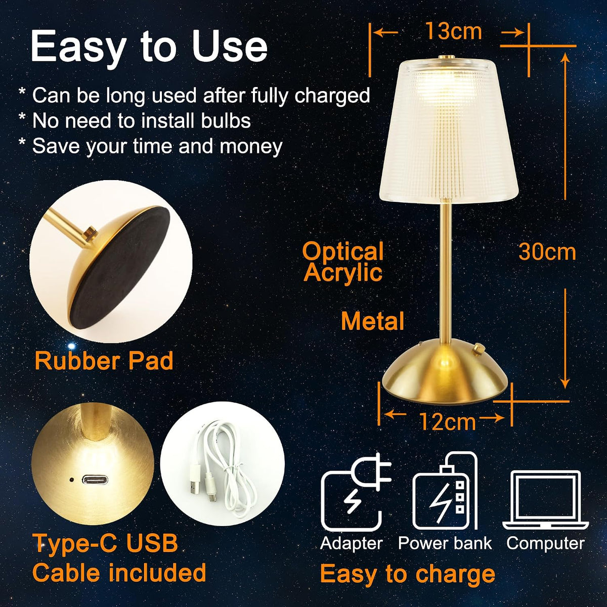 Cordless Table Lamp, 4000mAh Rechargeable Battery Operated Lamp, 3 Color Modes & Stepless Dimmable LED Touch Lamp, Portable Crystal Metal Beside Lamps for Bedroom Restaurant Outdoor(Black)