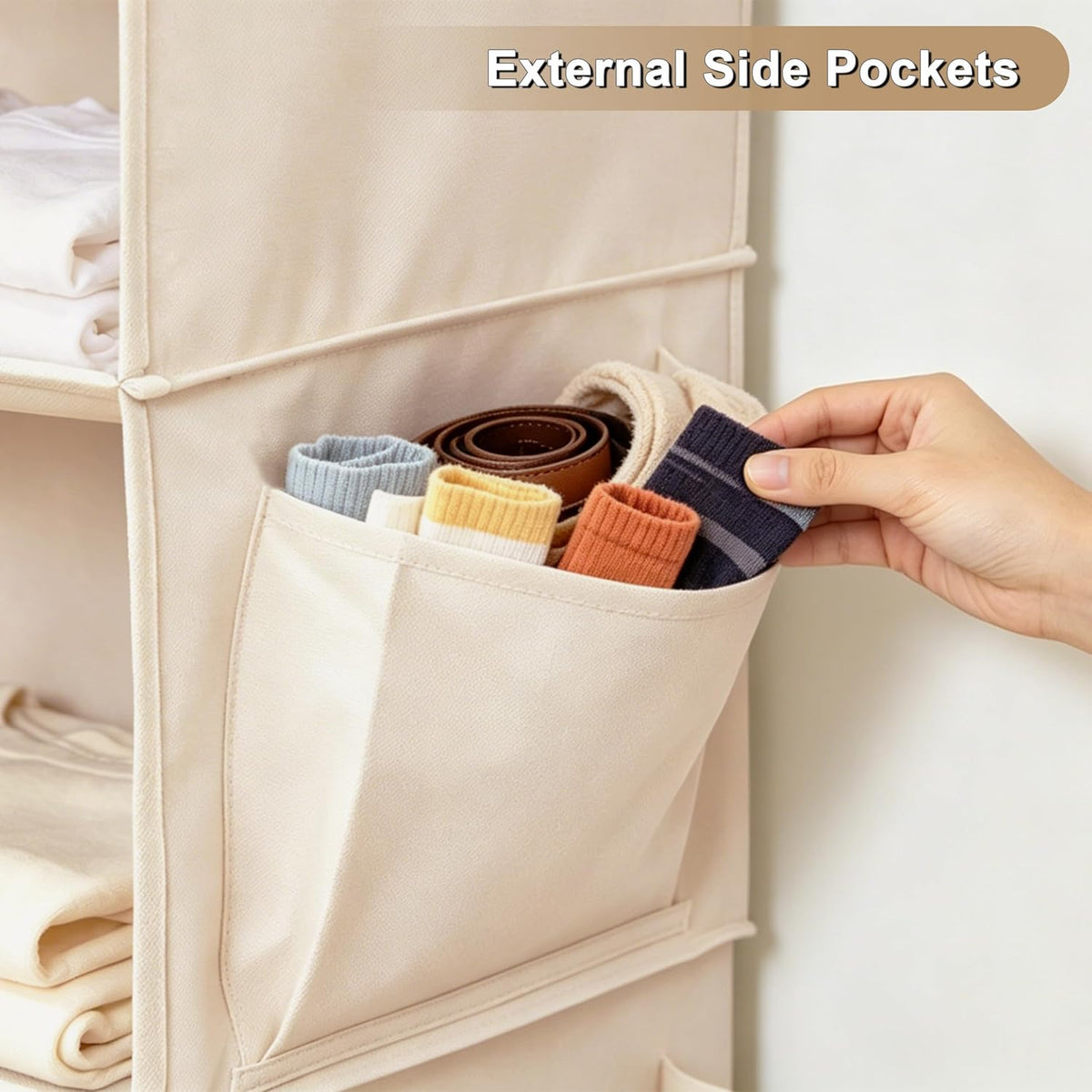 Foldable Hanging Closet Organizer, 5-Shelf Hanging Shelves with Side Pockets, Space Saving Storage for Clothes and Accessories