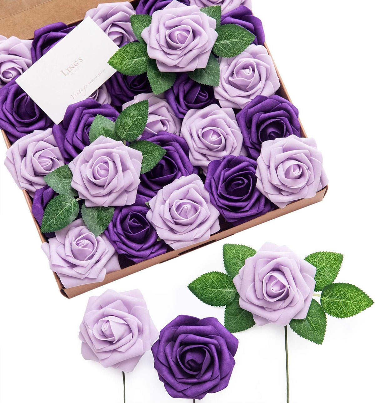 Ling's moment Artificial Flowers with Stems, Purple, 3", 25Pcs Fake Roses
