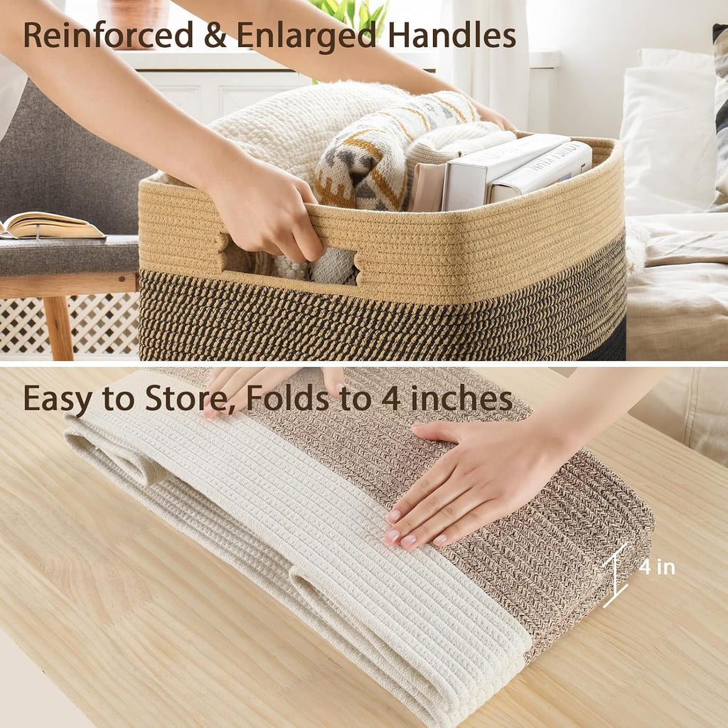 Optish 95L Large Woven Blanket Basket, Cotton Rope Laundry Basket, Brown