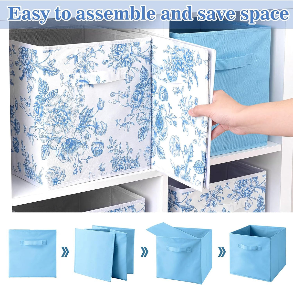 Geelin 6 Pcs Blue and Blue Floral Cube Storage Bins 11 Inch Storage Basket