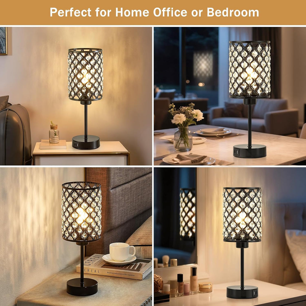 GyroVu Black Crystal Bedside Table Lamps Set of 2 with USB C+A Ports
