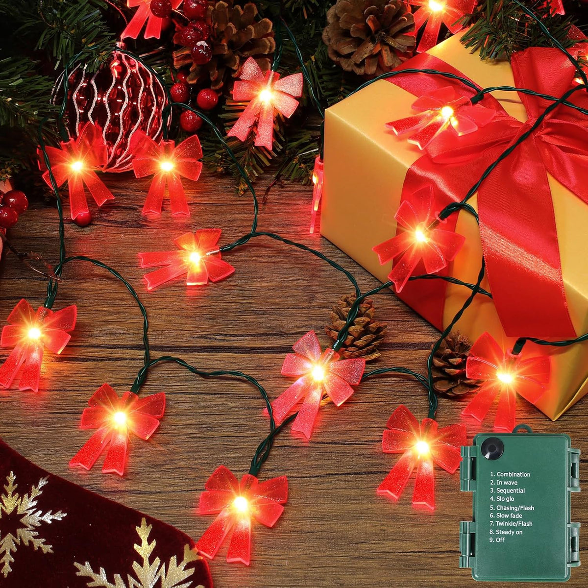 Battery Operated 15FT Christmas Bow 30LED Outdoor Fairy String Lights Red