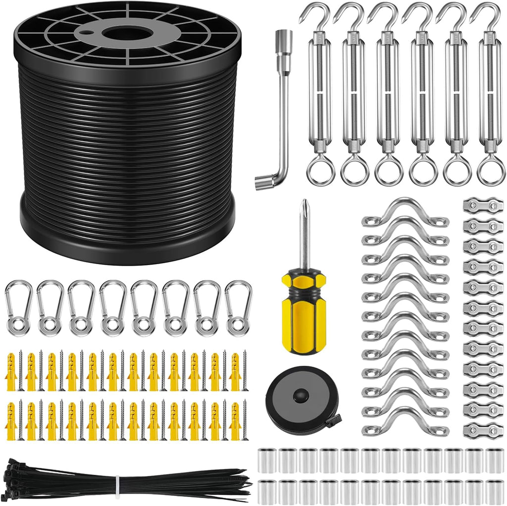NEREUS String Light Hanging Kit with 250FT Black Vinyl Coated Wire Rope