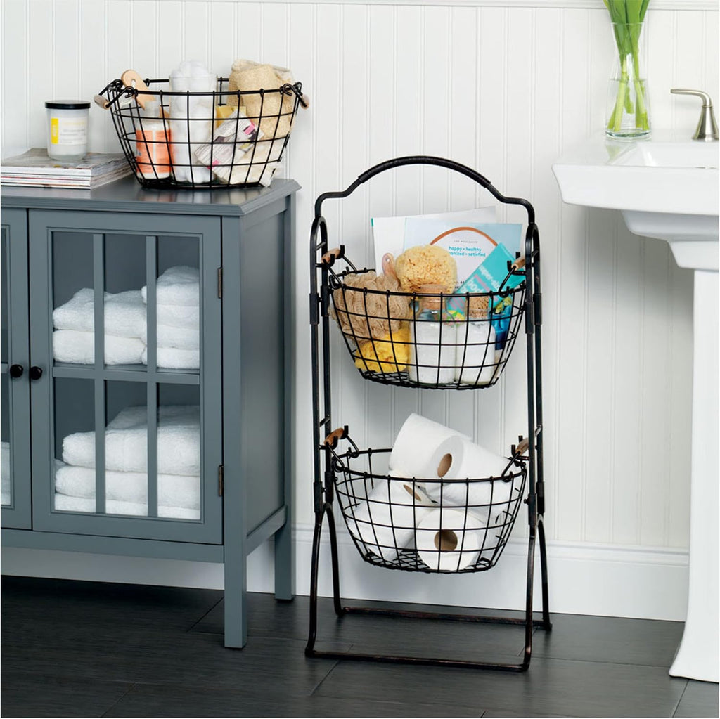 Gourmet Basics by Mikasa 5184916 Harbor Adjustable 3-Tier Metal Floor Standing Fruit/Home Storage Basket, Antique/Distressed Black and Copper