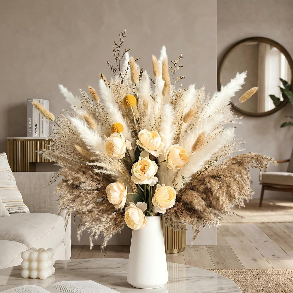 89 Pcs 17 Inch Yellow Dried Pampas Grass Bouquet with Champagne Faux Roses