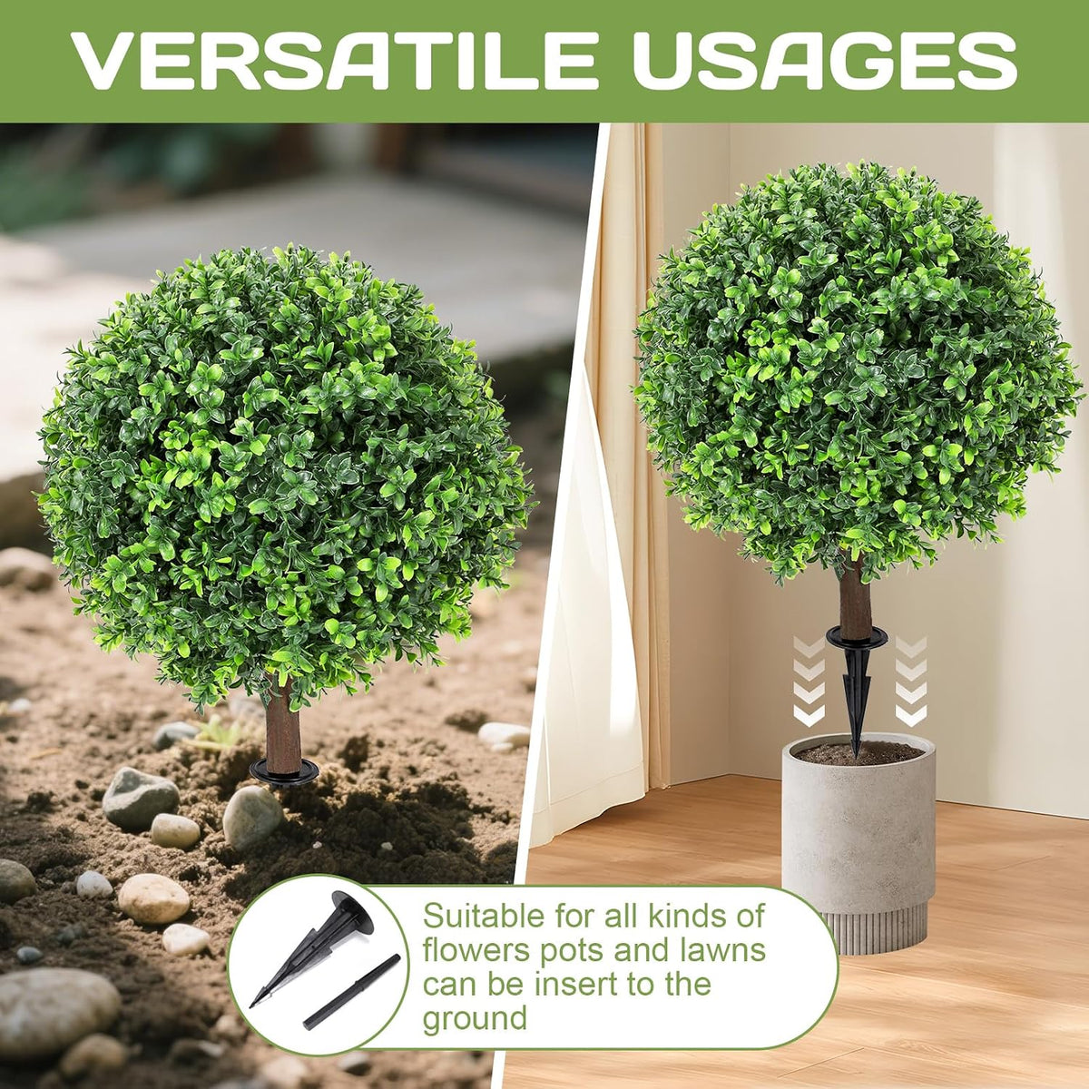 Set of 2 Artificial Boxwood Topiary Ball Tree,24" with Ground Spike