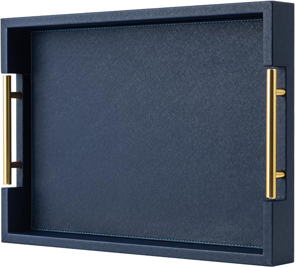 Navy Blue Faux Leather Serving Coffee Tray with Gold Handles,Rectangle Decorative Trays for Home Decor Large Ottoman Tray for Living Room
