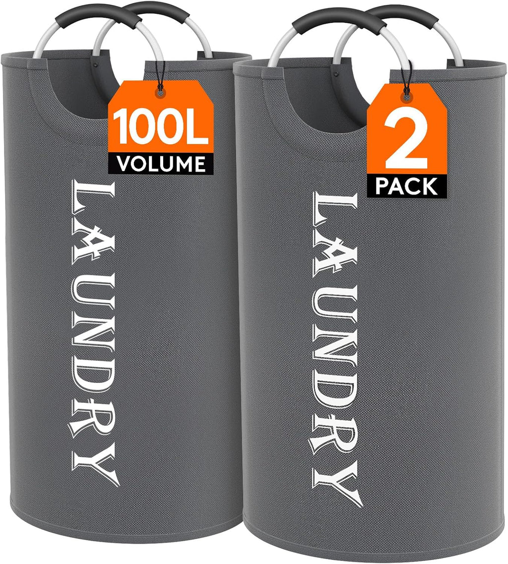 Lifewit 2 Pack 100L Laundry Basket with Aluminum Handles, Grey