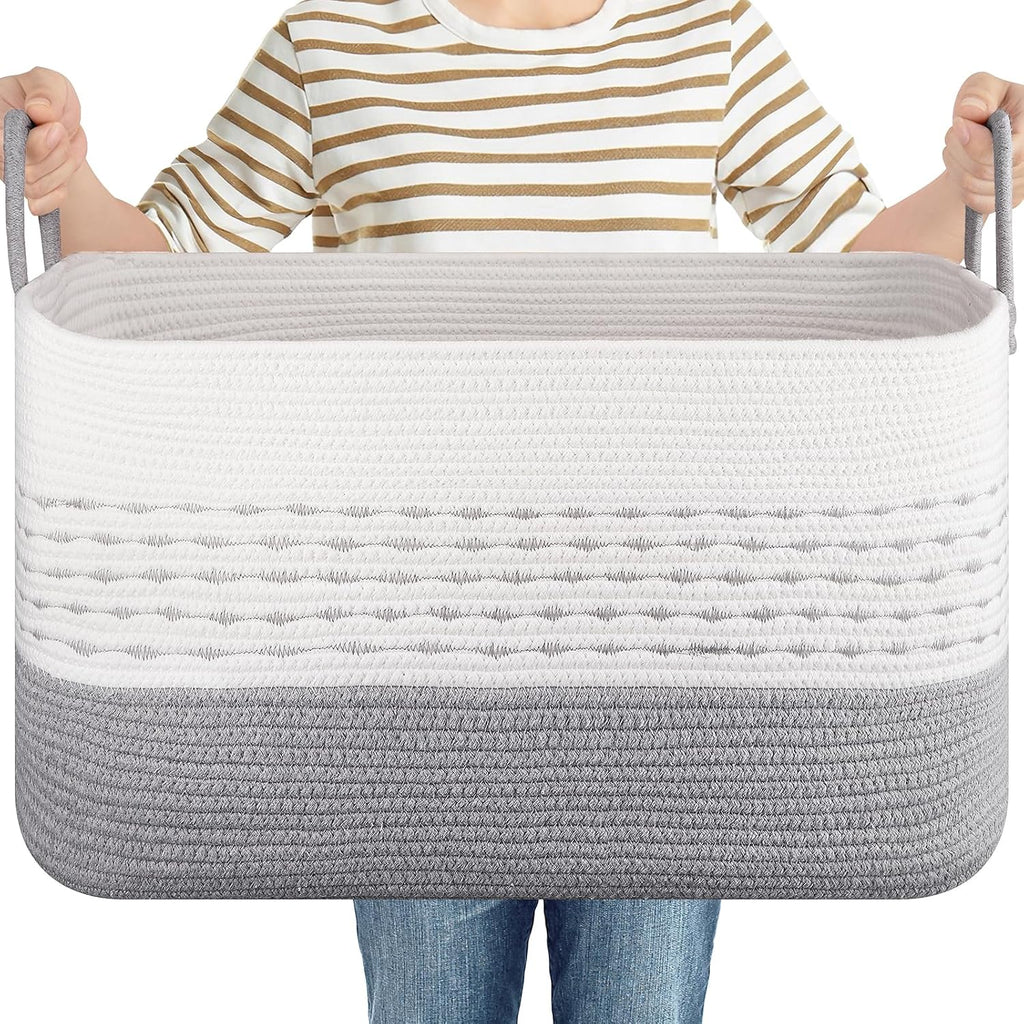 OIASKET 75L Large Cotton Rope Storage Basket, Soft Decorative Blanket Basket for Living Room & Bedroom, Boho Laundry Hamper with Handles Capable of Holding Pillows, Clothes and Toys-Grey & White