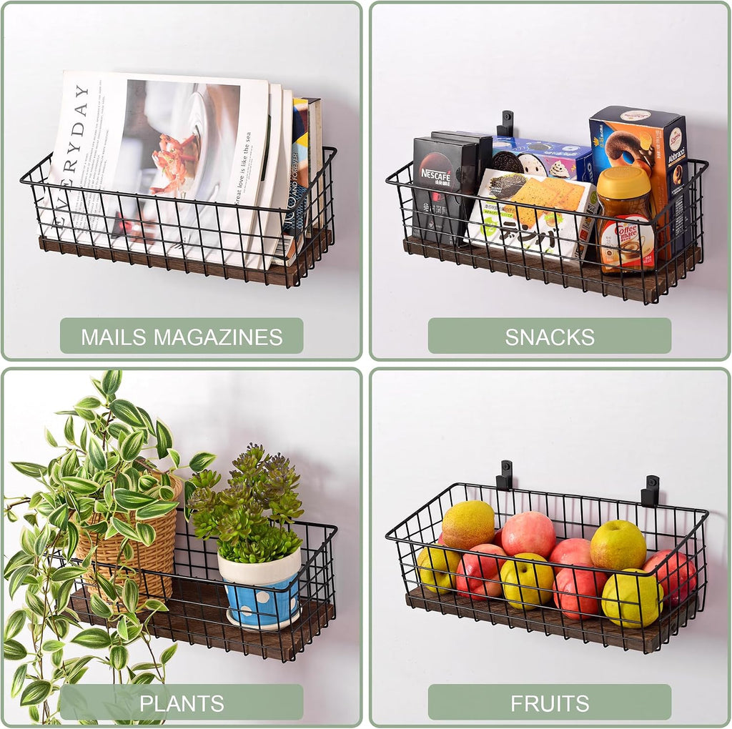 Wall Hanging Baskets, 3 Wooden Wire Bins with Hooks & Adhesive Mount(Extra)