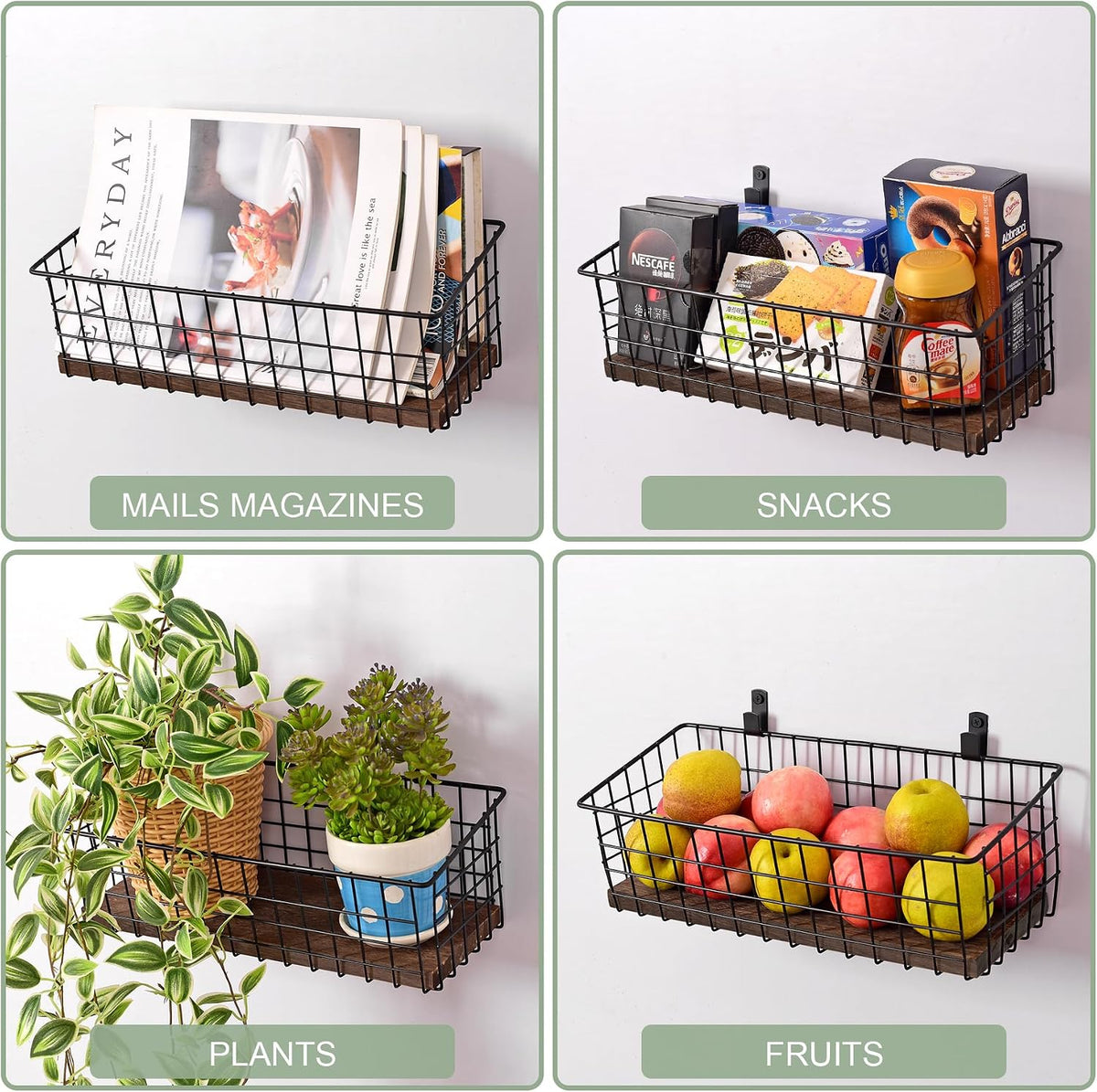 Wall Hanging Baskets, 3 Wooden Wire Bins with Hooks & Adhesive Mount(Extra)