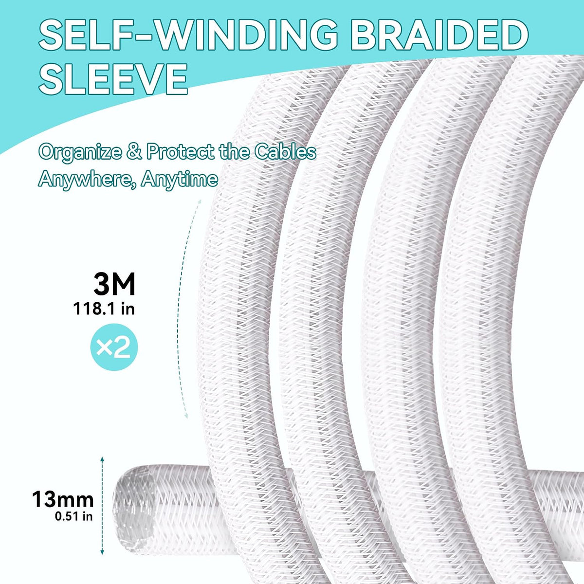 2 Pieces YuanPals 13mm-3m Cable Sleeve, Self-Closing Black for PC/TV, Woven Cable Sheath, Cable Management for Home, Office (2 Pieces White)