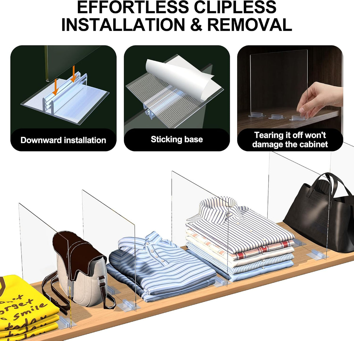 Acrylic Shelf Dividers for Closet Organization - 4 Pack Clear Removable 10/11.8" Tall X 11.8/10" Deep Sturdy Separators for Wood Cabinet - Vertical Adjustable Storage Clothes,Purse,Bag Organizer