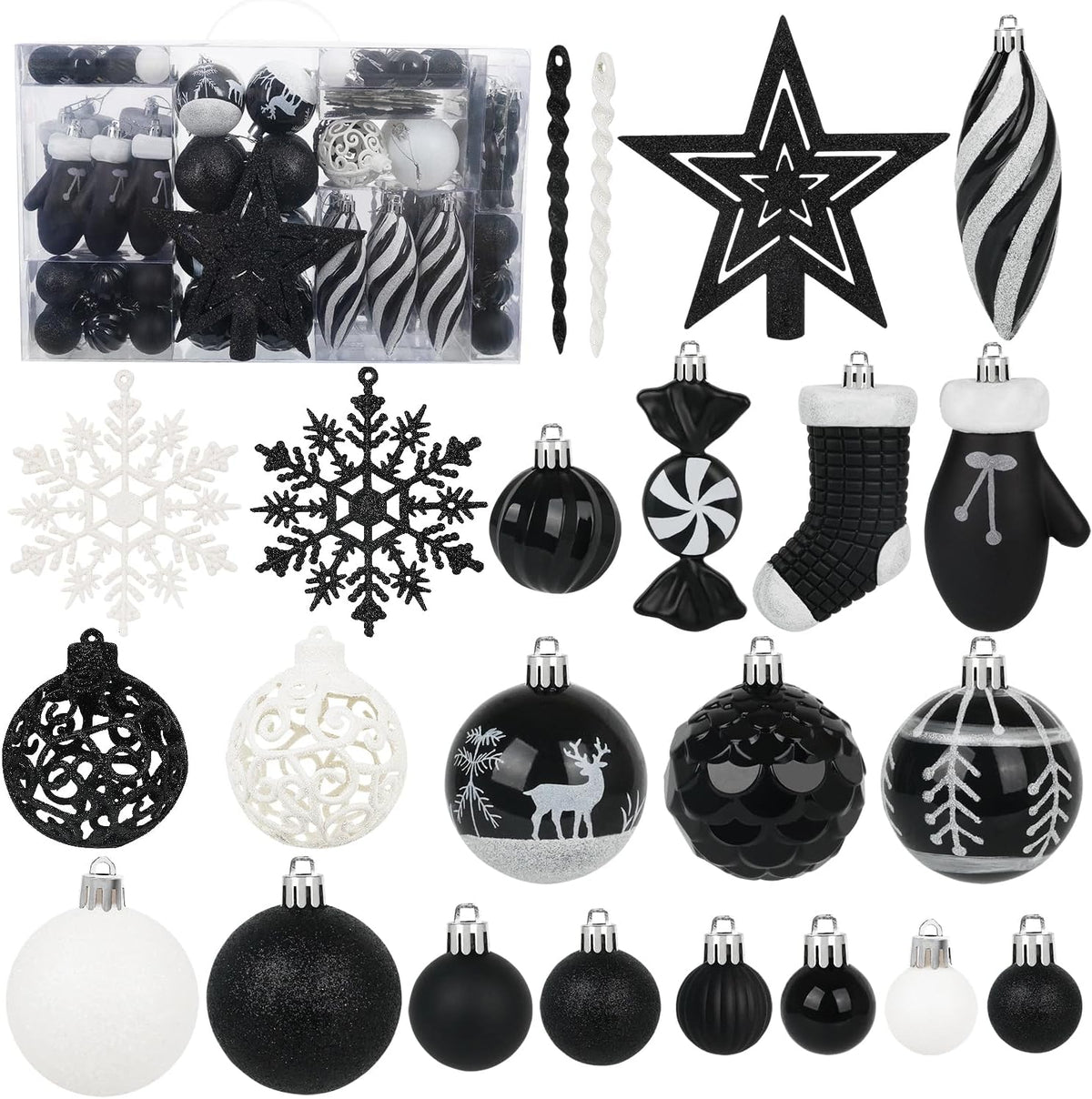 Artmag 135 Pcs Christmas Ball Ornaments Set, Pre-Tied Shatterproof Plastic Assorted Christmas Balls for Xmas Tree Hanging Decorations Festival Party Holiday Decor (Black)