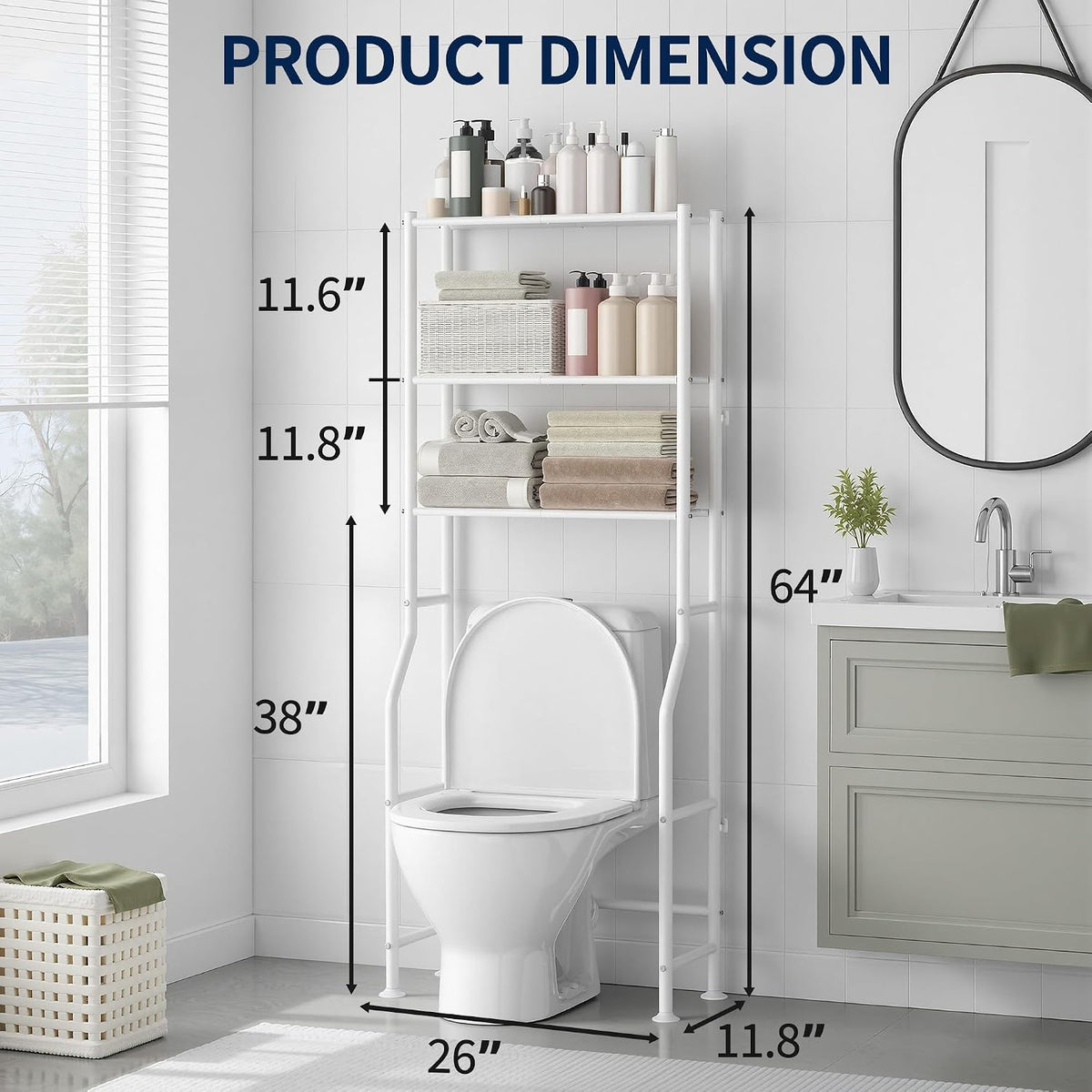 GloTika 3-Tier Over Toilet Storage Rack, Anti-Wobble, White
