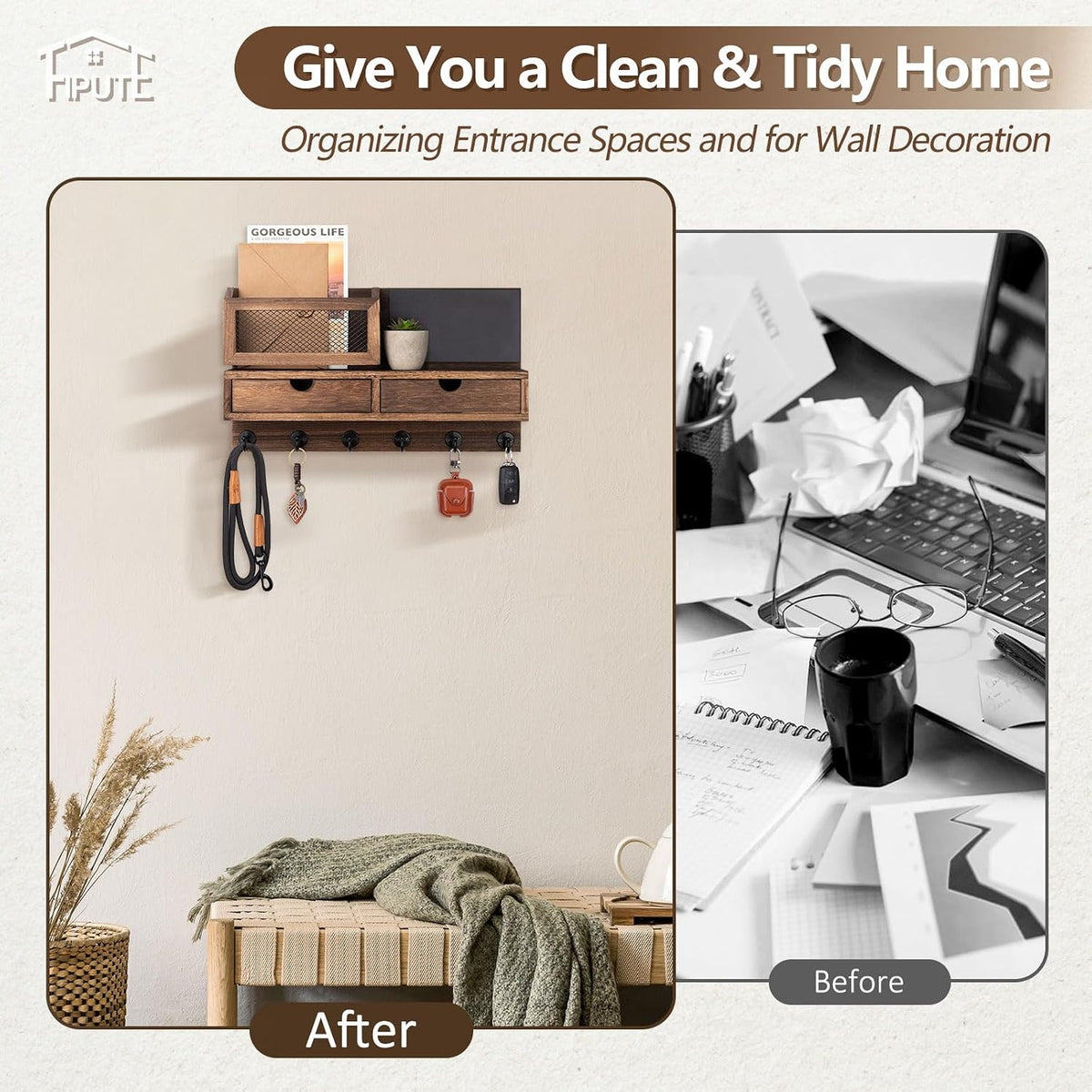 Key Holder for Wall, Key and Mail Holder for Wall with Storage Drawer, Entryway Rustic Home Decor, 3 Liquid Chalks & Chalkboard, 15.98”W x 9.1”H x 3.3”D, Brown