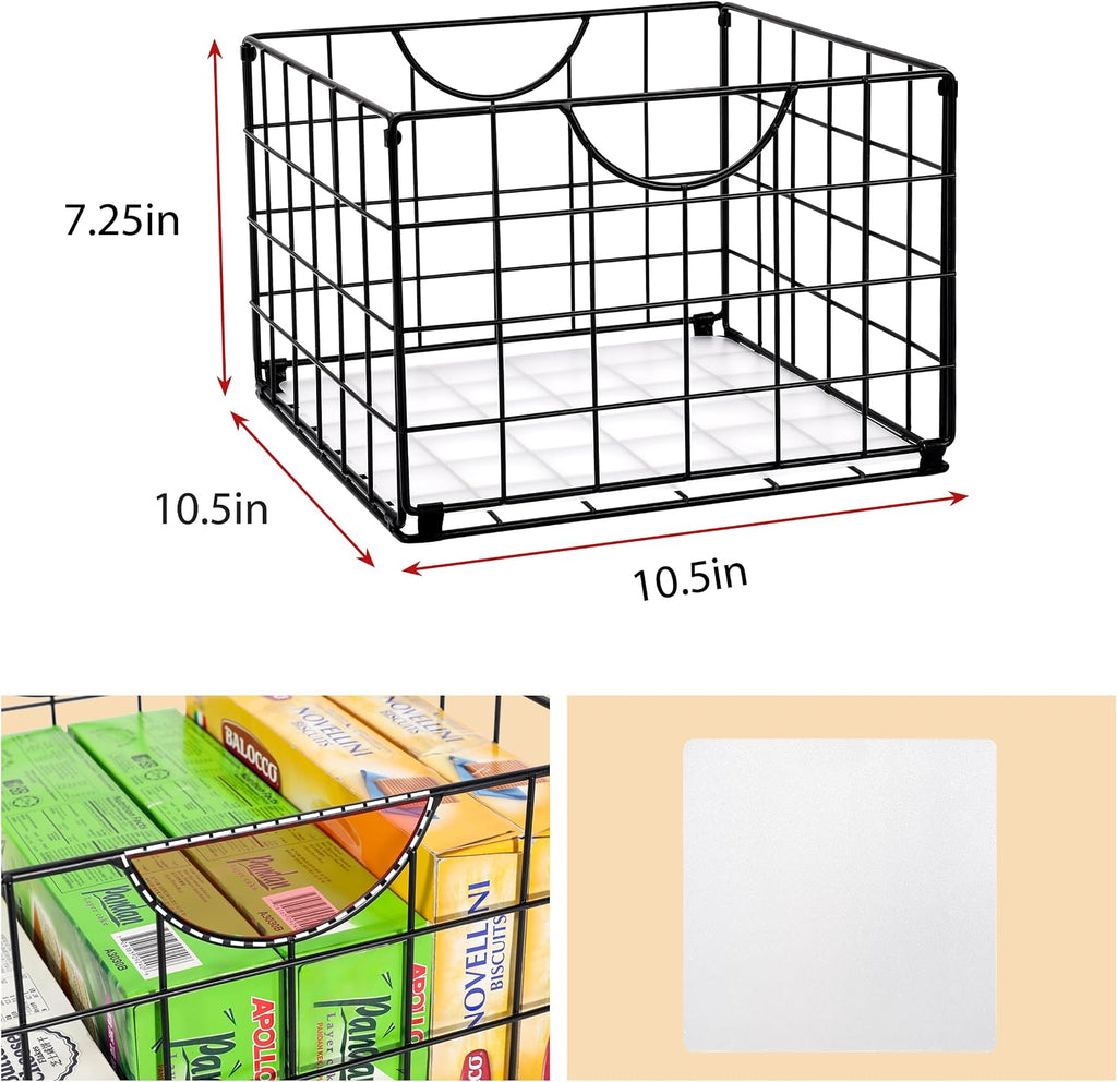 DINGTAI Metal Wire Basket Foldable Set of 4, Metal Bins for Organizing with PVC Sheet, 10.5x10.5in Wire Pantry Baskets Freezer Organizer Bins for Kitchen Closet Bathroom-Black