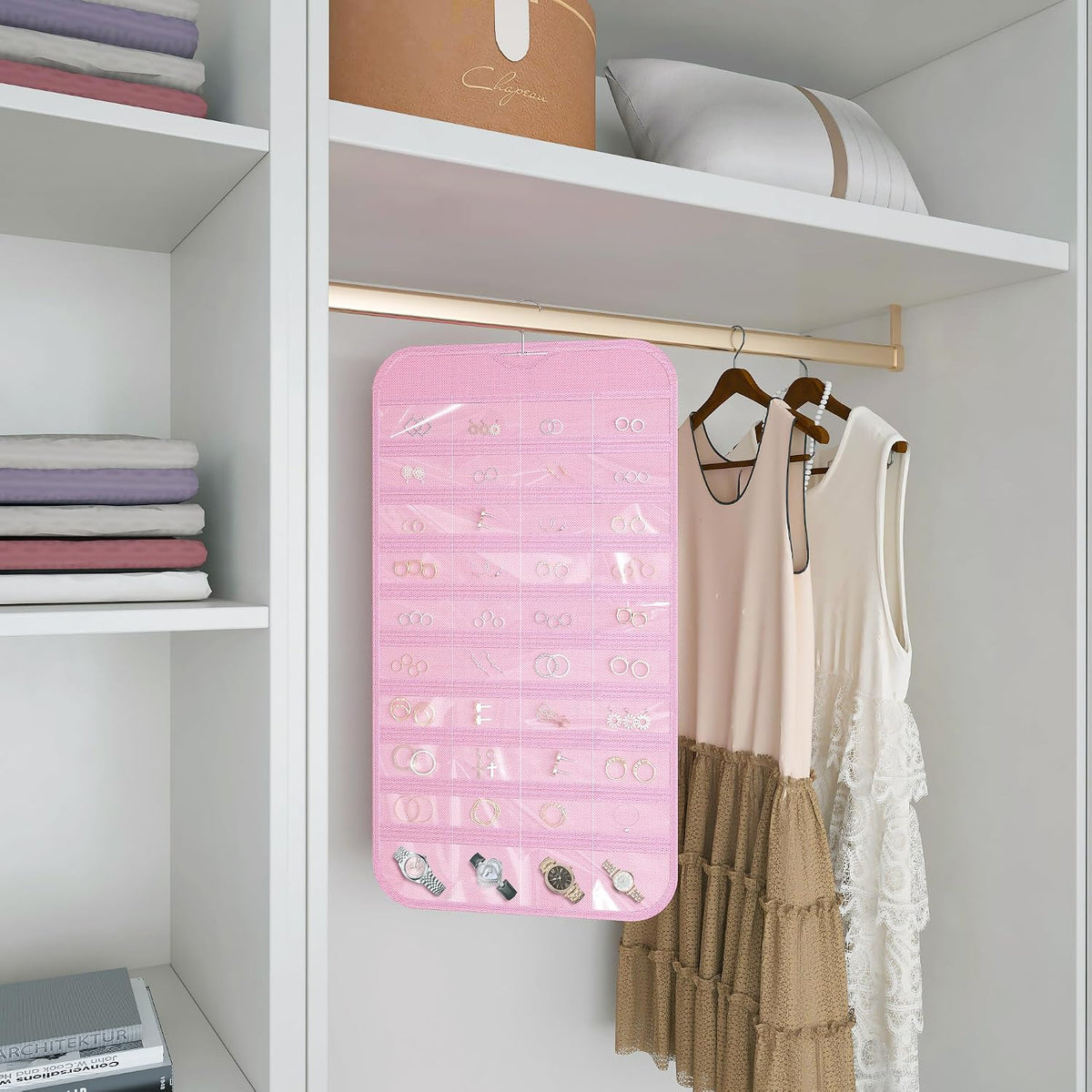 Hanging Jewelry Organizer 80-Pocket Double-Sided Storage, 2-Pack, Pink