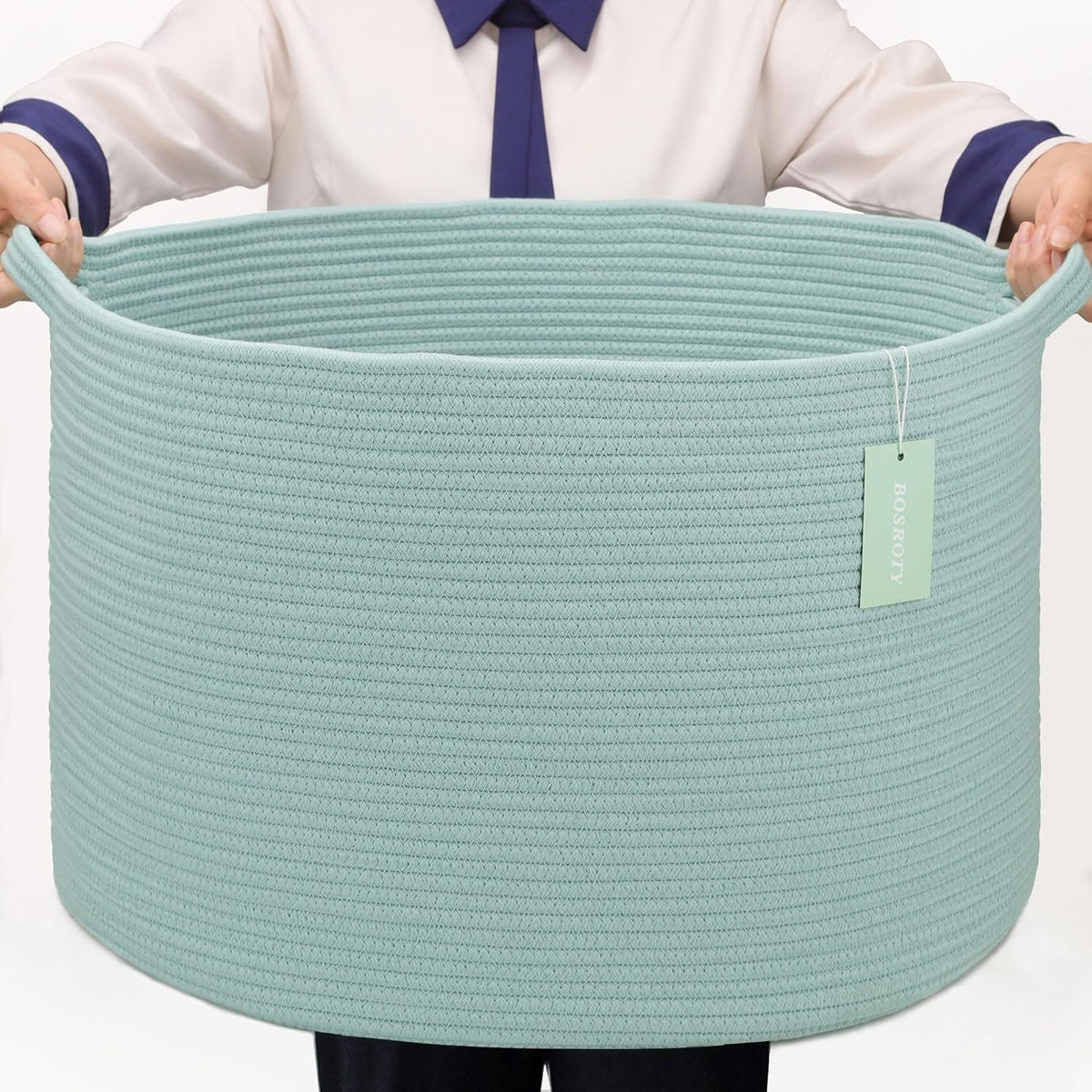 Large Cotton Rope Blanket Basket, 87L Laundry Hamper, Light Green