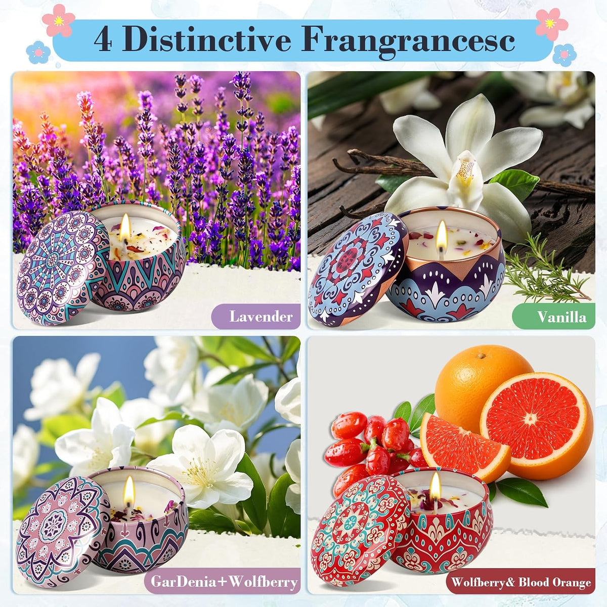 4 Pack Scented Candles Gift Set for Women, Natural Soy Wax for Home Scented