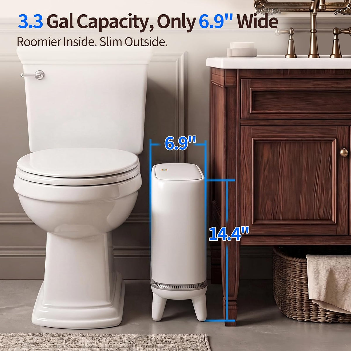 Slim Bathroom Trash Can with Lid, Narrow 3.3 Gallon Trash Can for Tight Spaces, Hidden Liner, Press-to-Open Lid, Patented Bag-Fit Design, Elevated Legs, White