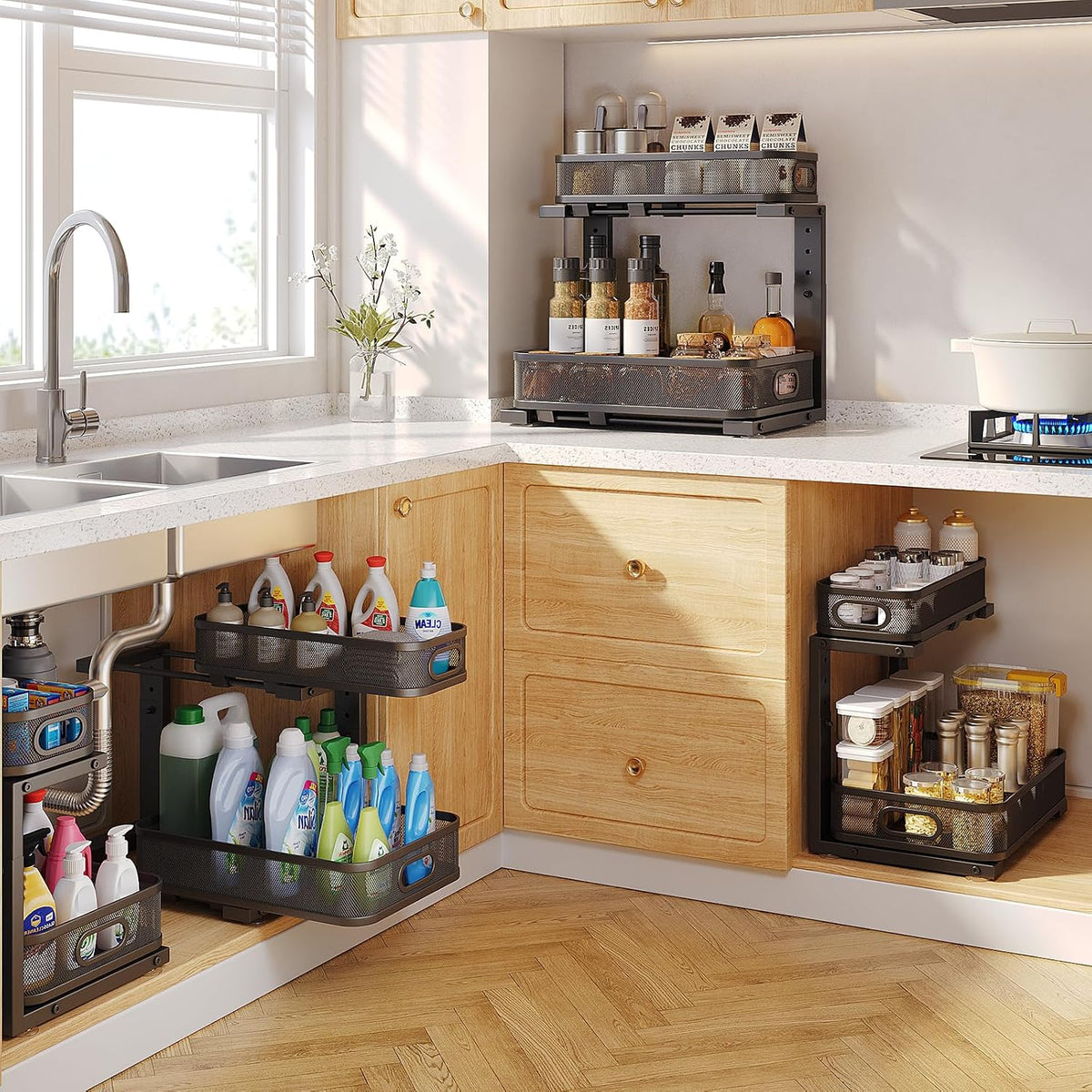 2 Pack 15.7IN-Depth Under Sink Organizer With Smooth Cylindrical Rail,2-Tier Pull Out Multi-Purpose Cabinet Storage for Bathroom&Kitchen,Height Adjustable,Rust-resistant Coating-Black