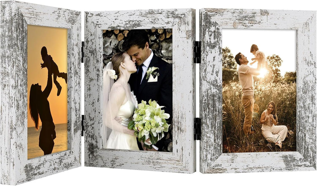 Golden State Art, 4x6 Triple Frame Distressed White- Real Glass, 1 Pack