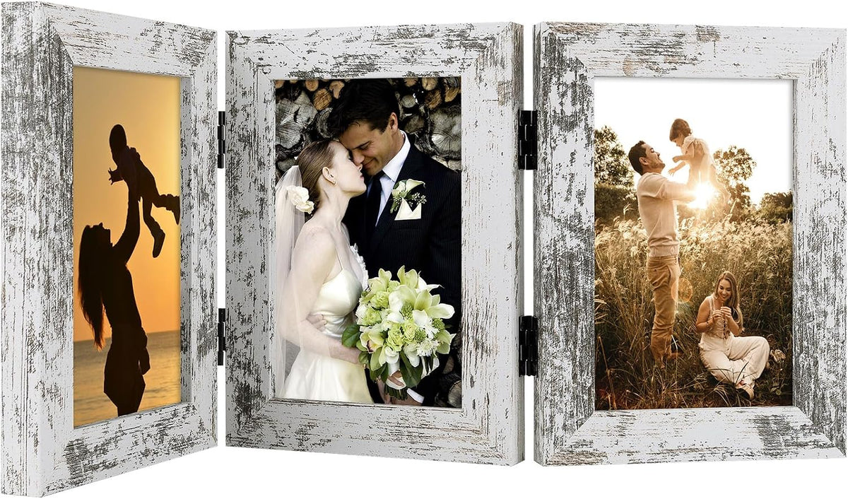 Golden State Art, 4x6 Triple Frame Distressed White- Real Glass, 1 Pack