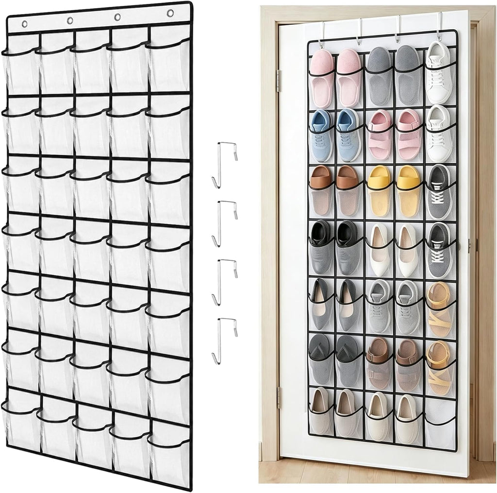 35 Pockets Over The Door Shoe Organizer, Large Breathable Mesh Hanging Shoe Rack with 4 Metal Hooks, Space Saving White Over Door Shoe Storage Holder Mesh Bag for Closet Entryway Bedroom Pantry