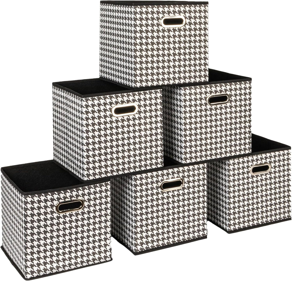 Household Essentials Foldable Fabric Storage Cubes 6-Pack – 11x11x11 Stackable Non-Woven Bins with Chipboard Sides & Grommet Handles – Closet, Shelf, Nursery, or Office Organizer – Houndstooth