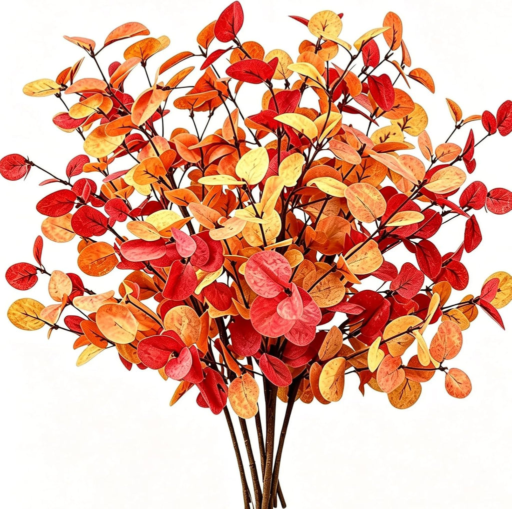Palonu 6Pcs 24 Inch Artificial Eucalyptus Fall Leaves, Fall Orange Eucalyptus Leaves, Autumn Leaf Branch Faux Fall Decorations for Home Floral Arrangement Autumn Festival Thanksgiving Decor