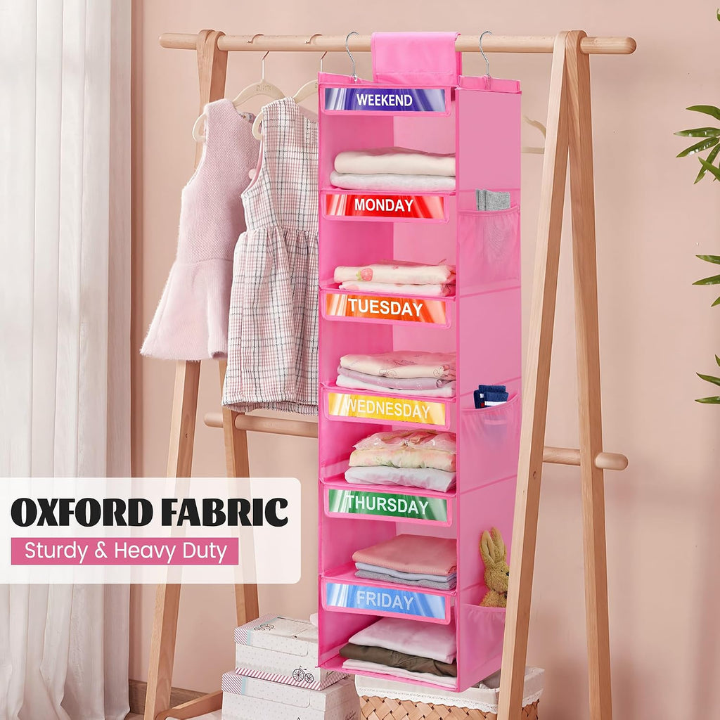2 Pack 6-Shelf Weekly Clothes Organizer for Kids, Hanging Daily Closet Organization with 6 Side Pockets, Days of The Week Clothing Divider Storage for Boys and Girls (Pink)