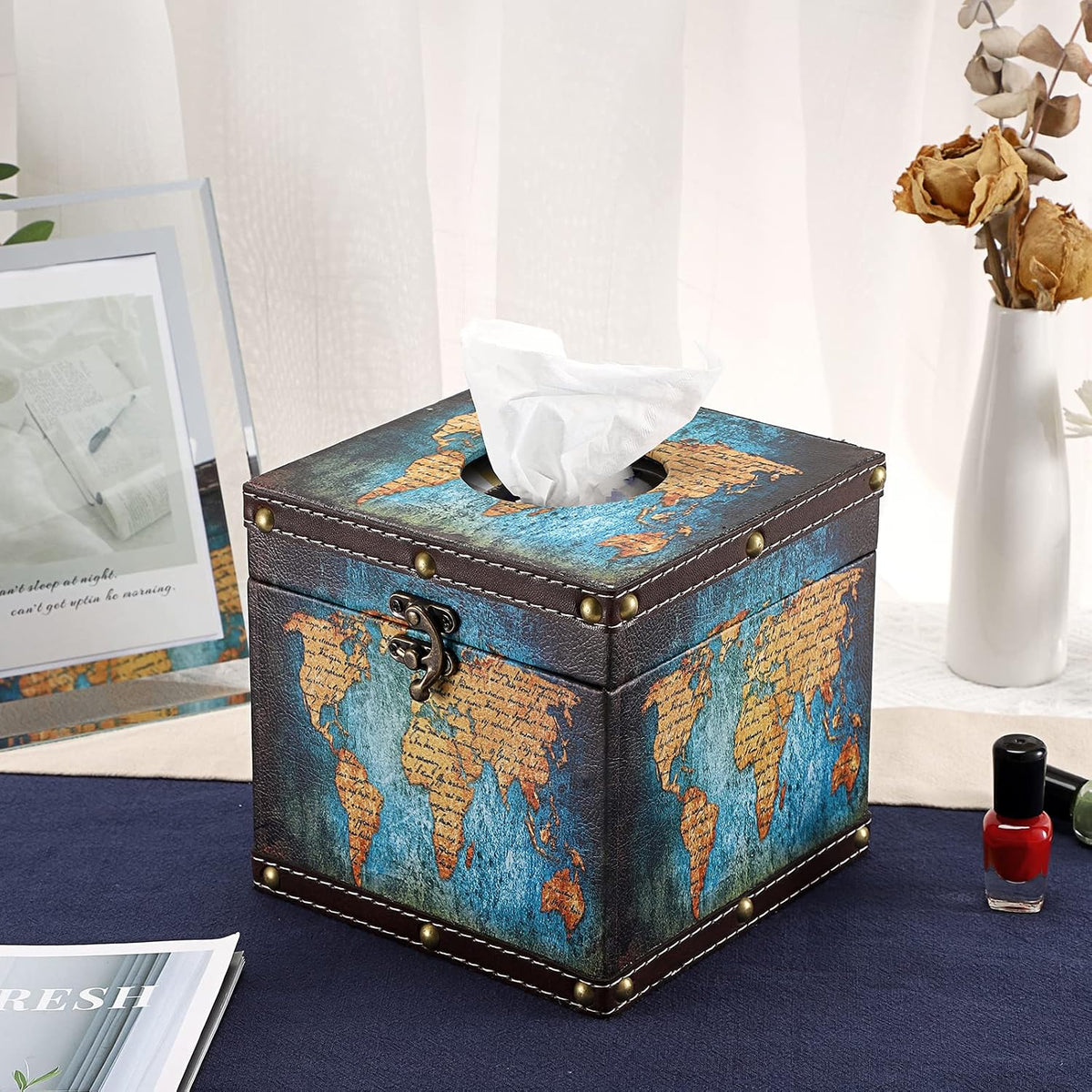 Sumnacon Retro Wood Square Tissue Box Cover - Vintage Cube Tissue Box Holder, Decorative Facial Tissue Holder for Bedroom Bathroom Dresser Night Stand Table Car Store Office Home Decor, Green
