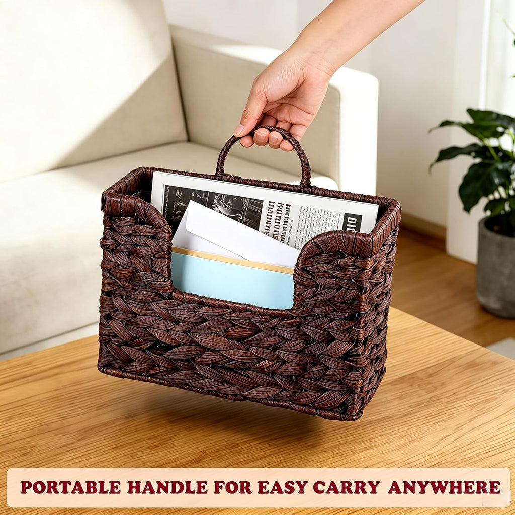 Hanging Magazine Basket, Woven Wall Magazine Holder Organizer with Handle for Mail, Files, Books - Water Hyacinth Farmhouse Storage Rack for Bathroom, Kitchen, Office (1, Brown)
